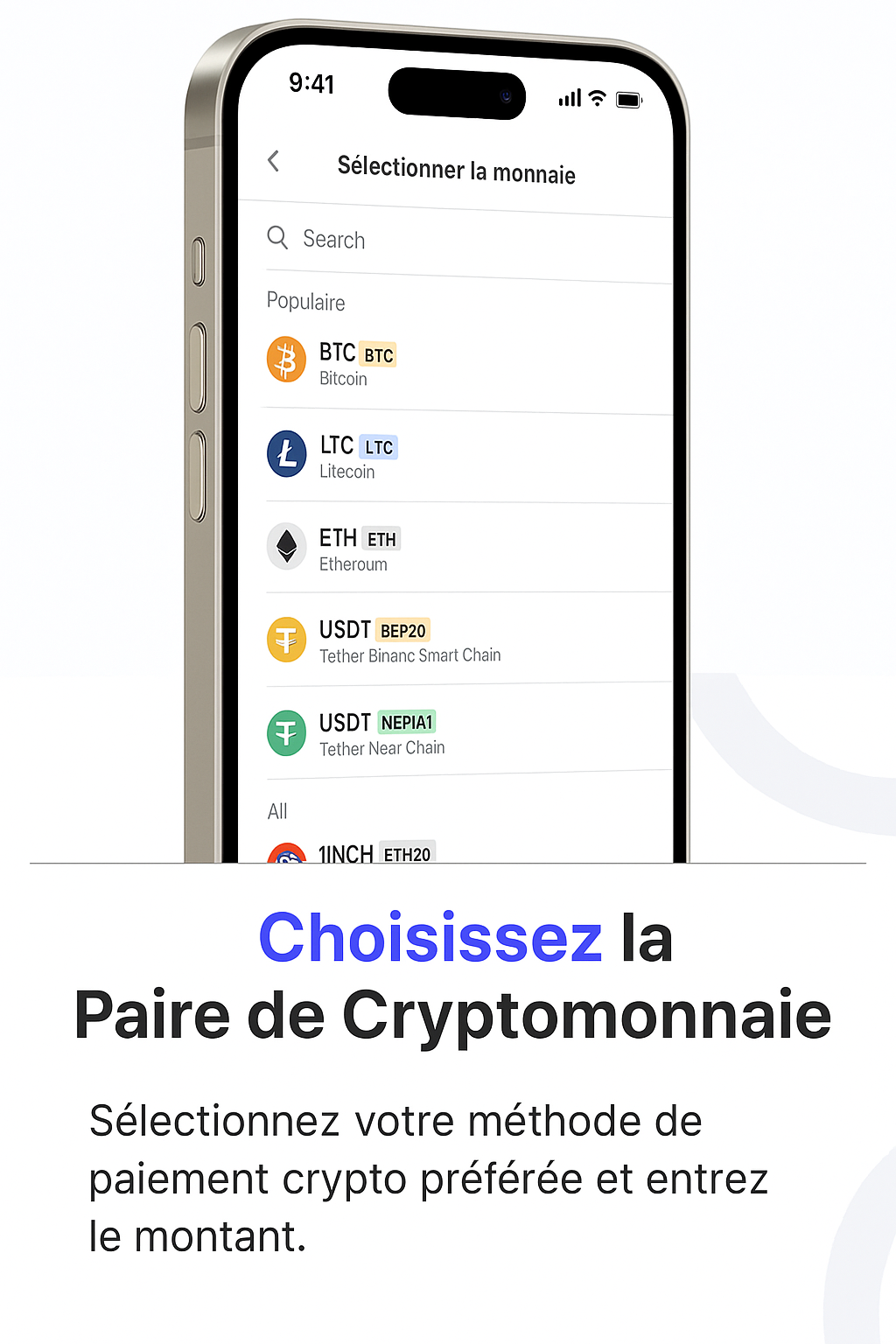Étape 1: Interface de sélection des cryptomonnaies Bitcoin, Ethereum et autres sur CryptoDirect